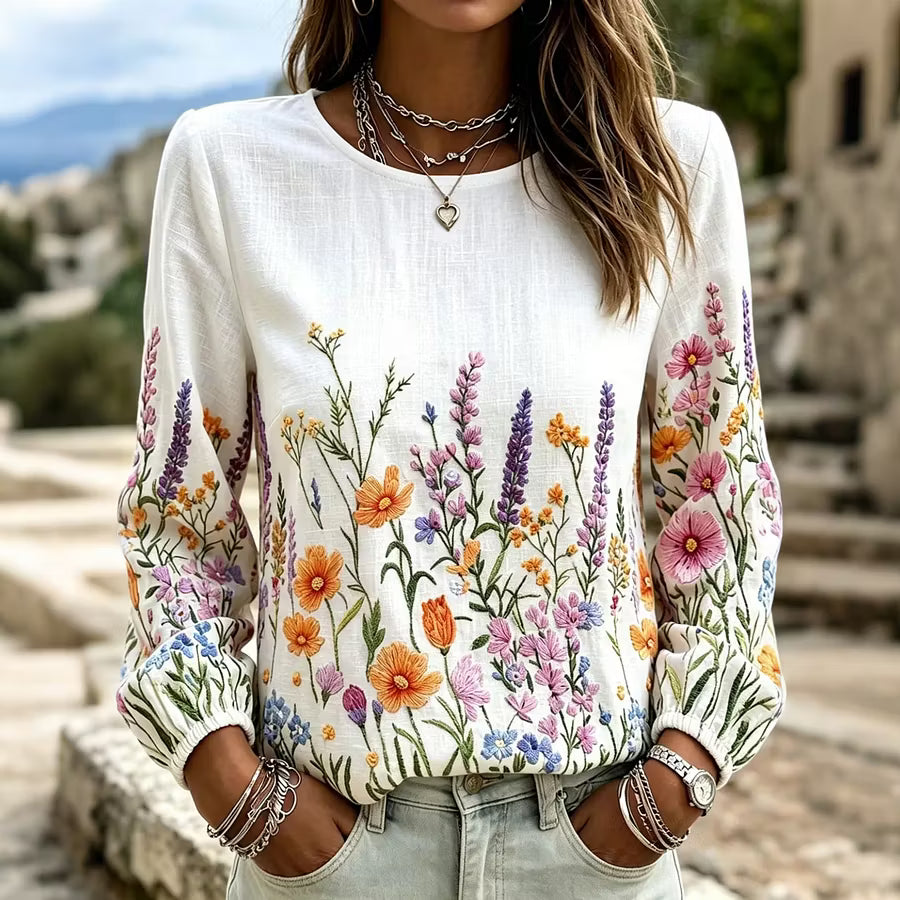 Blusa vintage floral casual de algodón y lino con cuello redondo y manga larga