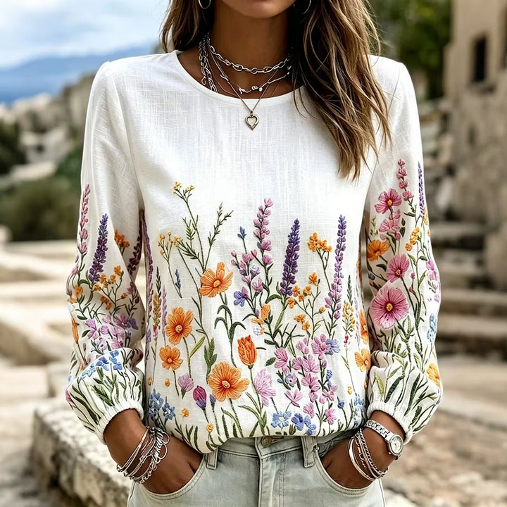 Blusa Vintage Casual Floral de Algodão e Linho com Decote Redondo e Manga Comprida