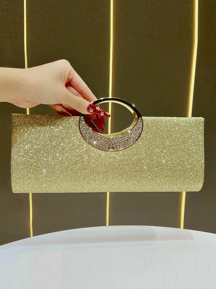 BOLSA DE NOITE COM LANTEJOULAS, STRASS E CORRENTE