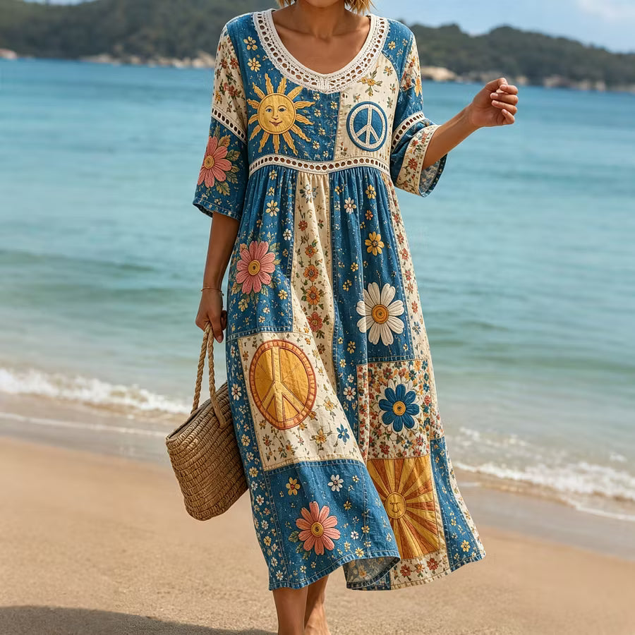 Vestido retro hippie floral en bloques de color de algodón y lino