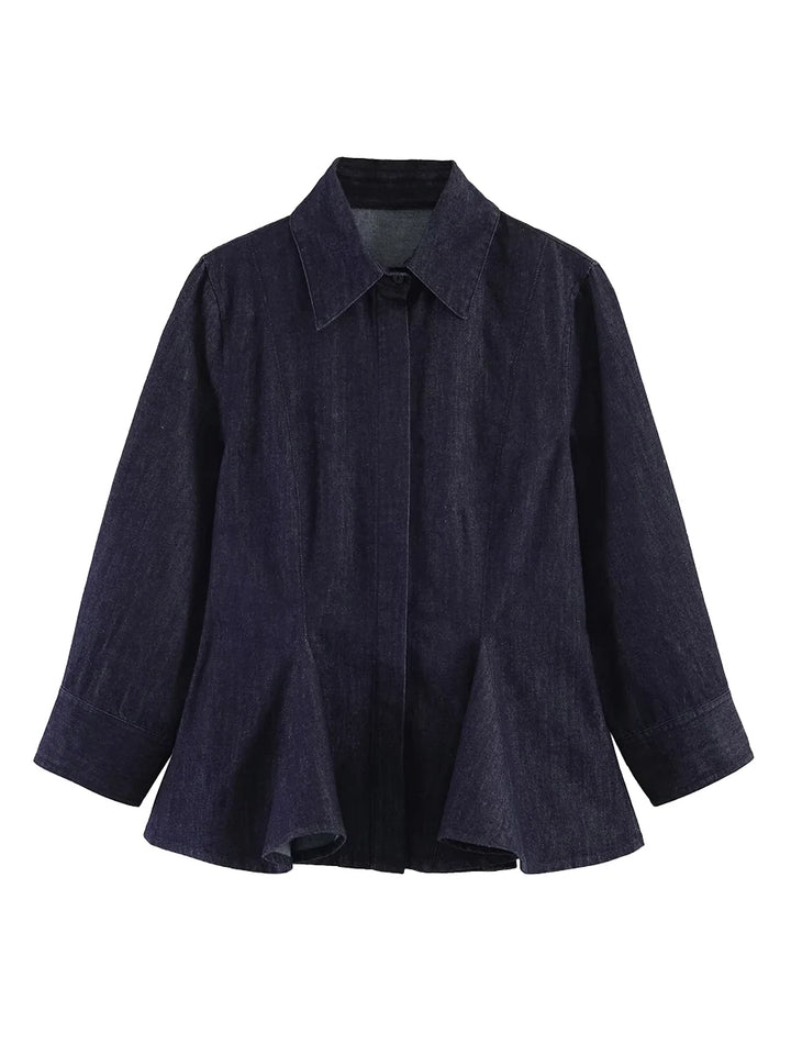 Blusa Camisa Color Sólido Plisada Con Botones Manga Larga Y Solapa