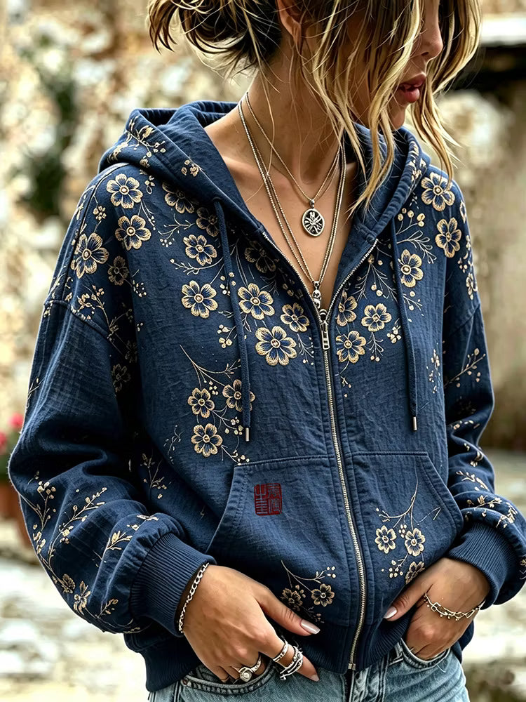 Sudadera Con Cremallera Estampado Flores De Cerezo Japones Vintage