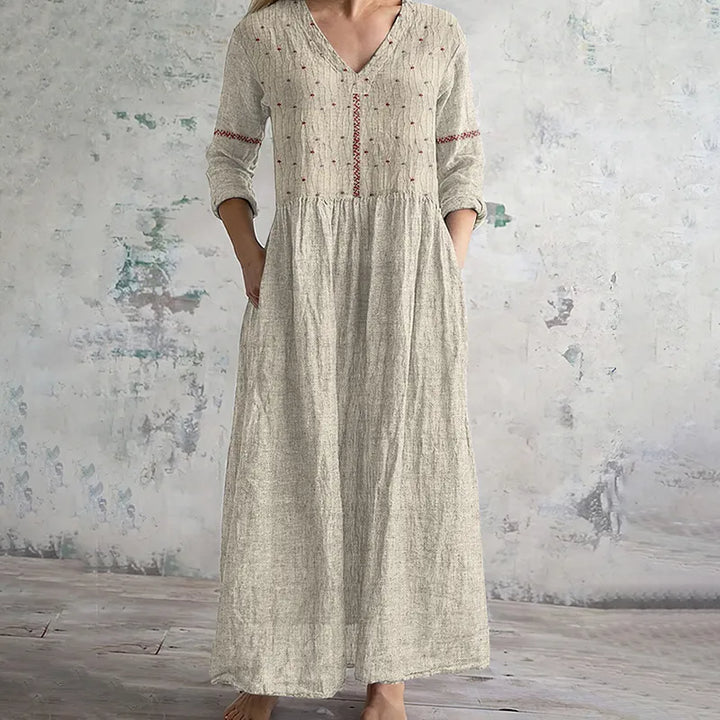 Vestido De Lino Vintage Con Bordado Floral Artístico