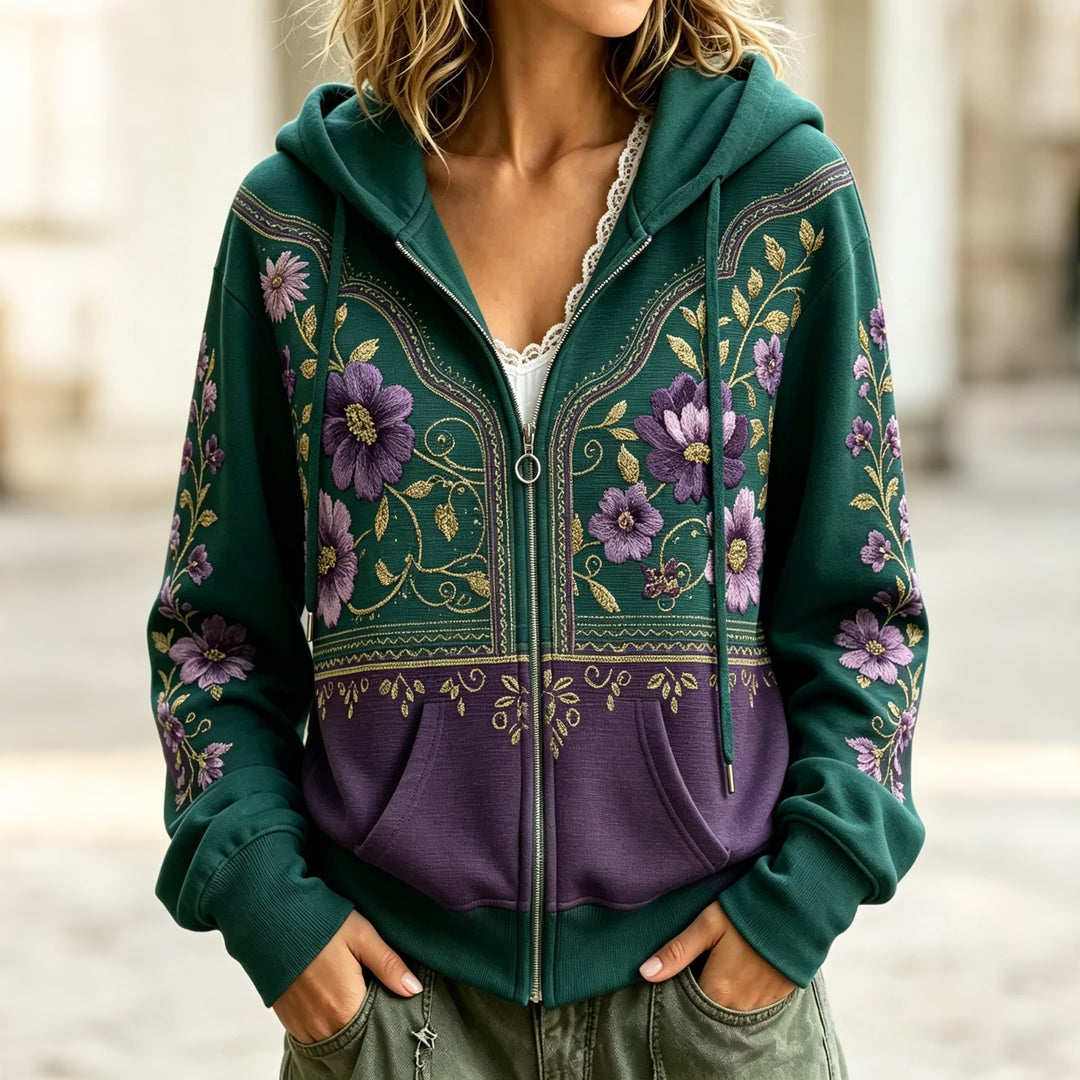Sudadera Retro Con Capucha - Estampado Floral Art Color Block Cremallera Manga Caída