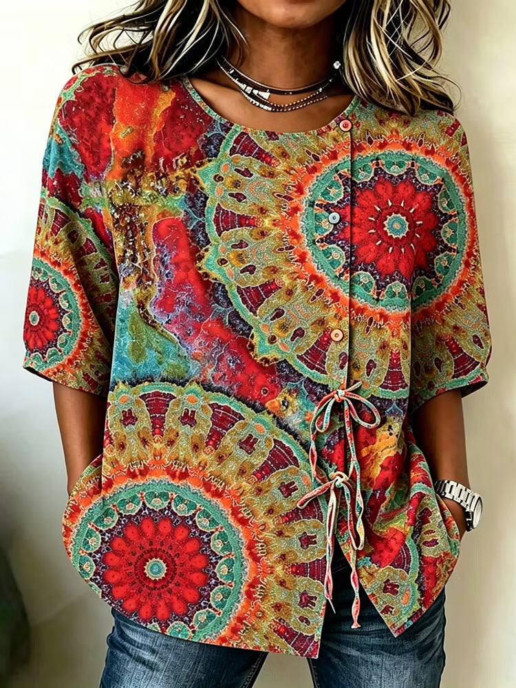 Top Estampado Hippie Retro Con Cuello Redondo Manga 3/4 Y Botones En Algodón