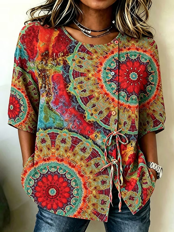 Top Estampado Hippie Retro Con Cuello Redondo Manga 3/4 Y Botones En Algodón