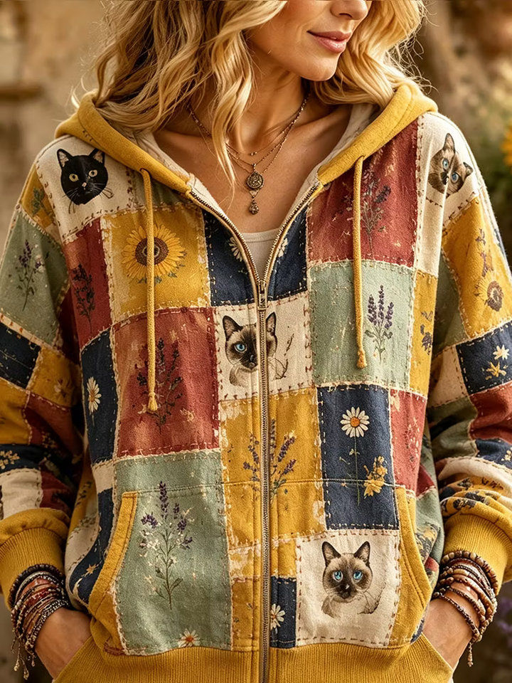 Vintage Hoodie - Sunflower Lavender Cat Patchwork Print Full Zip