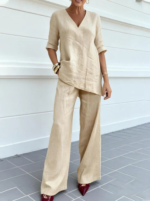 Inés - Conjunto Femenino De Túnica Con Escote En V Y Pantalón De Pierna Ancha