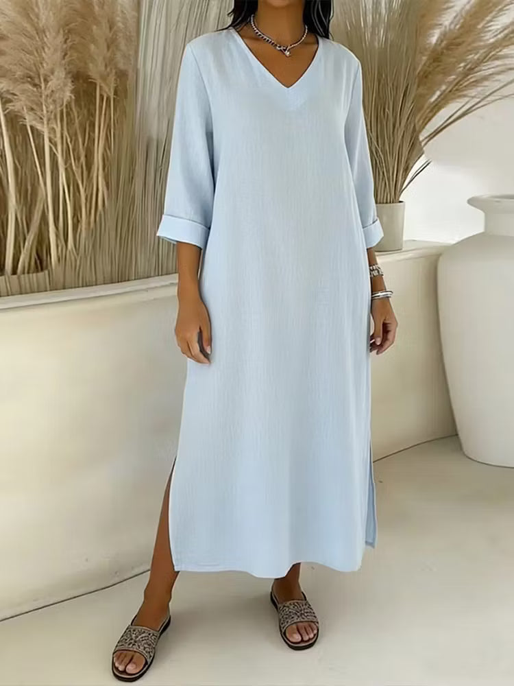 Vestido Maxi Color Sólido Con Cuello En V Y Manga Larga Estilo Retro En Poliéster