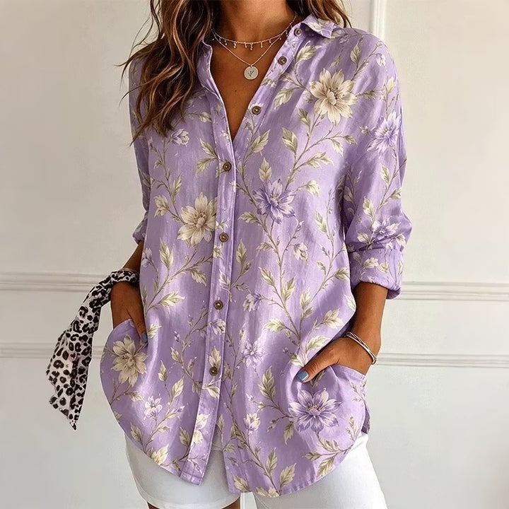 Camisa Retro Con Solapa - Estampado Floral Morado Bolsillos Botones Manga Larga