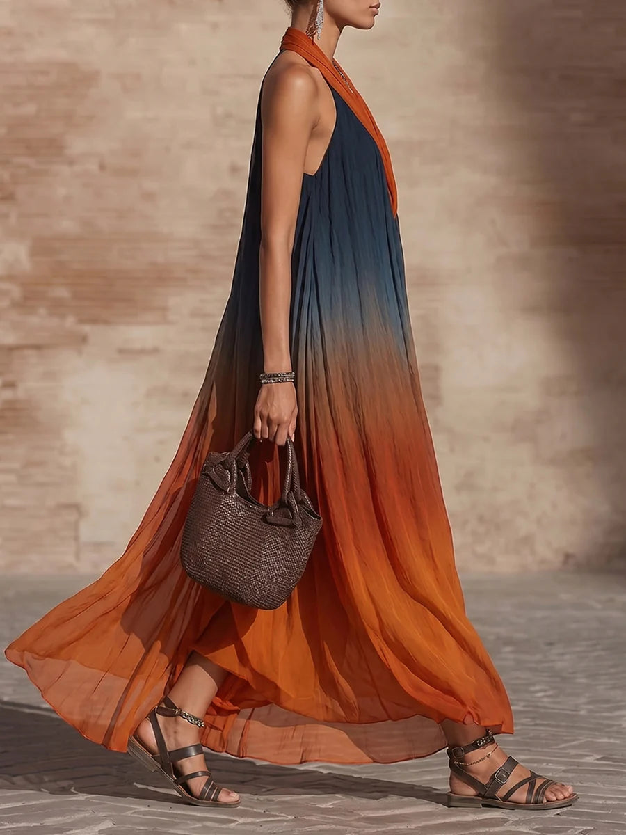 Vestido Maxi Plisado Sin Mangas Con Cuello Halter Y Color En Contraste