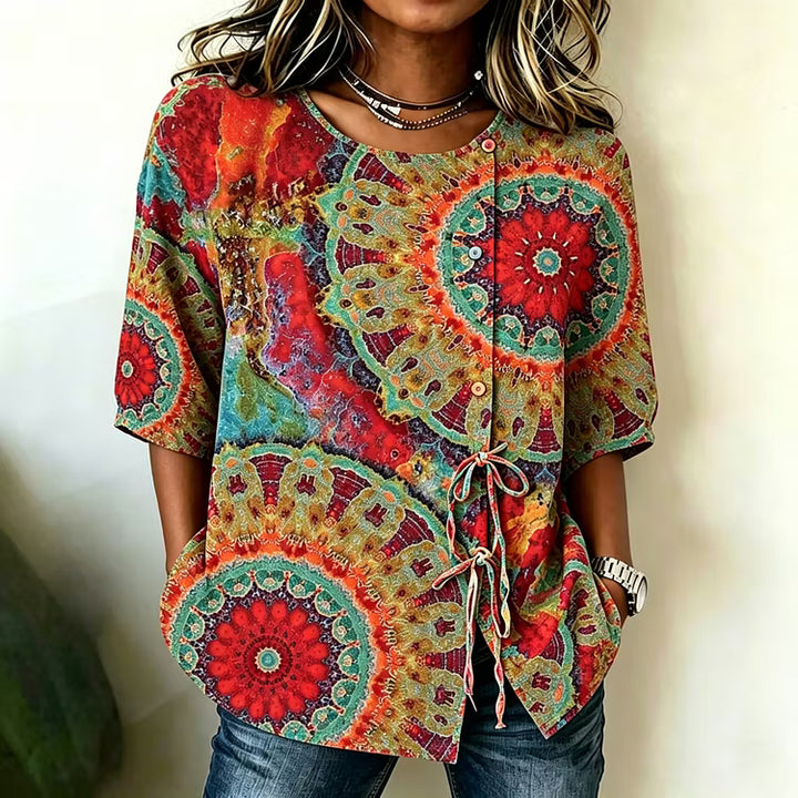 Top Estampado Hippie Retro Con Cuello Redondo Manga 3/4 Y Botones En Algodón