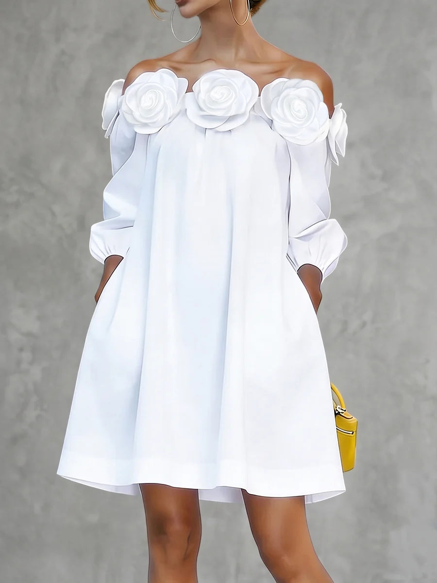 Vestido mini hombros descubiertos media manga flor 3d bolsillos color sólido