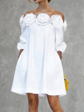 Vestido mini hombros descubiertos media manga flor 3d bolsillos color sólido