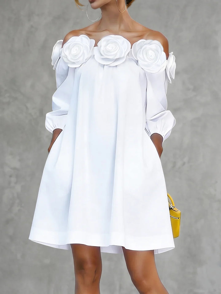Vestido Mini Ombros Descobertos Meia Manga Flor 3D Bolsos Cor Sólida
