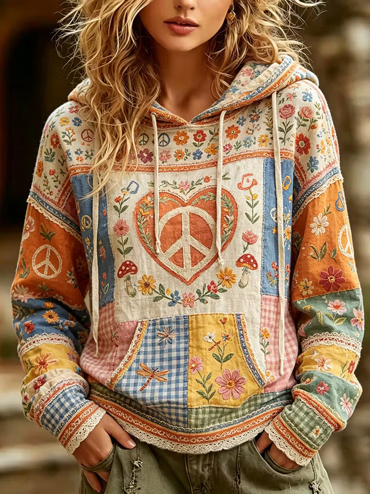 Vintage Hoodie - Floral Peace Sign Art Print Long Sleeve