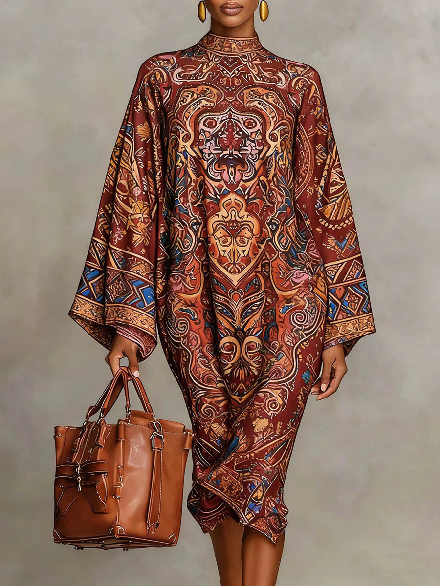 Vestido Midi Holgado De Manga Larga Con Estampado En Contraste Y Cuello Simulado