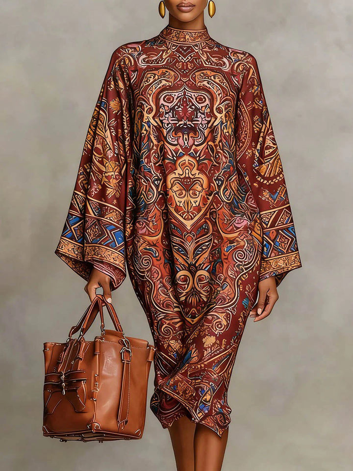Vestido Midi Holgado De Manga Larga Con Estampado En Contraste Y Cuello Simulado