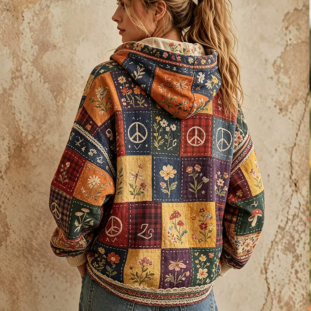 Sudadera Con Capucha Vintage - Estampado Patchwork Floral Y Símbolo De La Paz