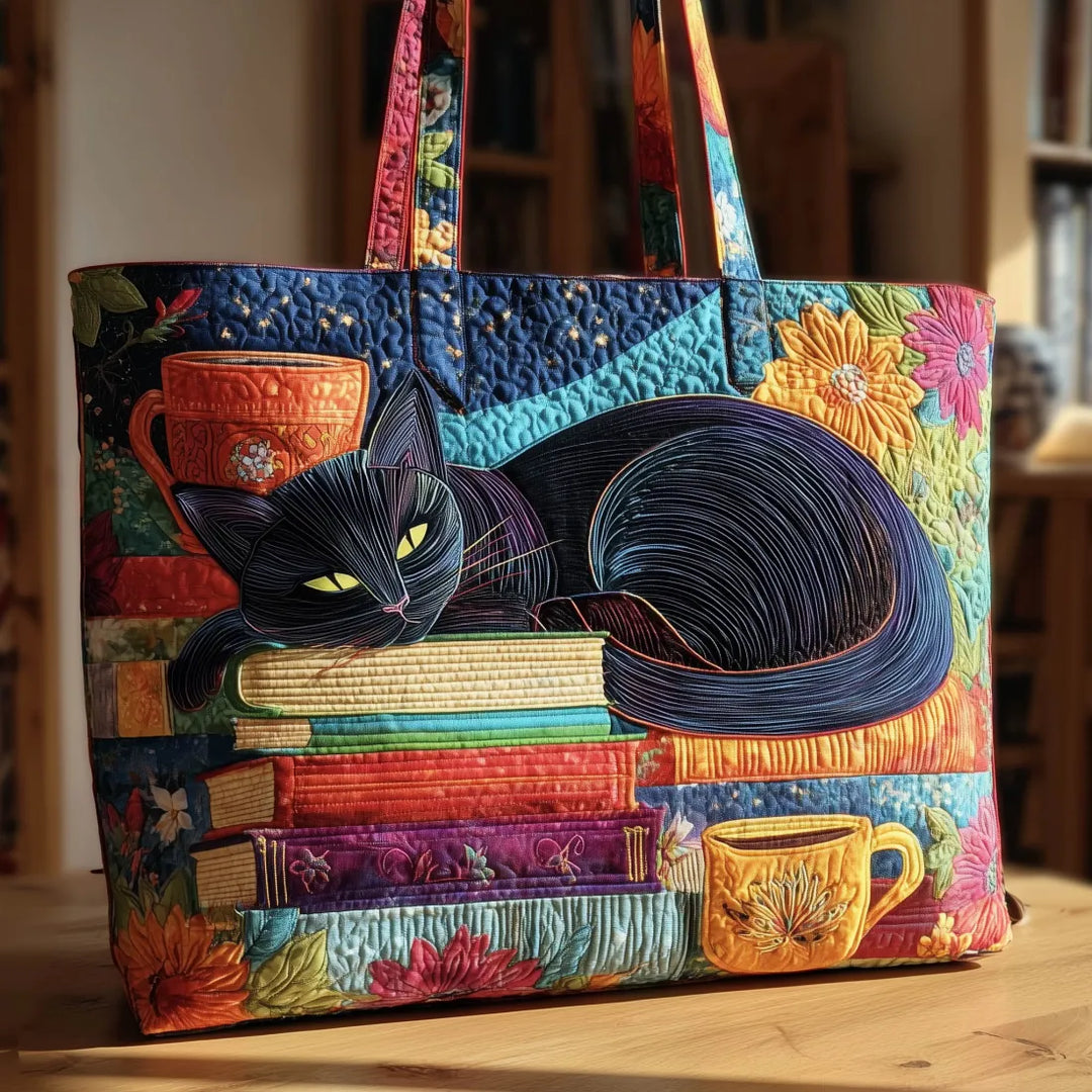 Bolso Artesanal Acolchado - Gato Negro Con Libros Y Tazas