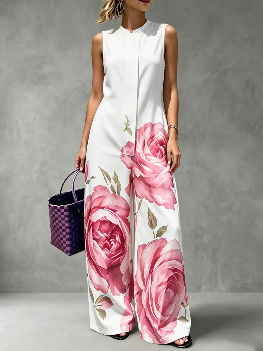 Mono Holgado De Cintura Alta Con Estampado Floral, Plisado, Bolsillos Y Cuello Redondo