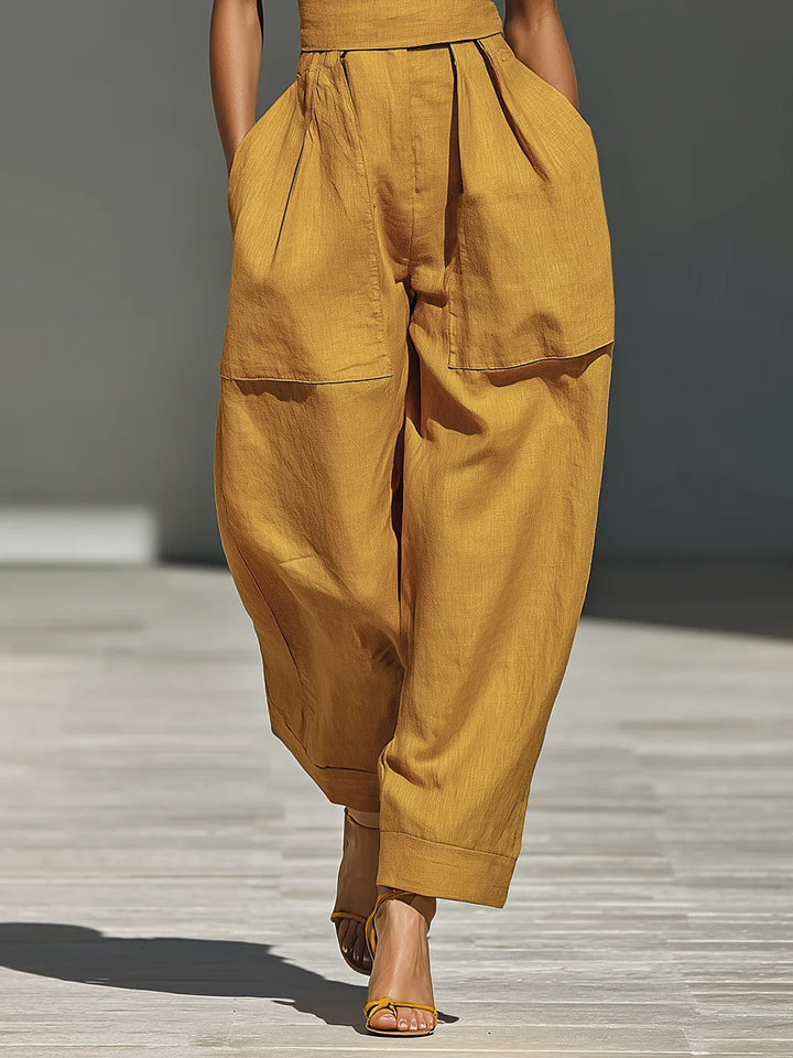 Mono De Lino Con Escote Cruzado Y Pantalon Ancho