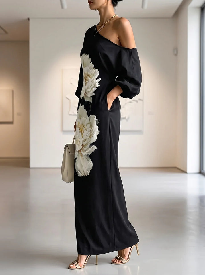 Vestido Maxi Floral Suelto De Un Hombro Con Manga Asimétrica Tres Cuartos Y Bolsillos