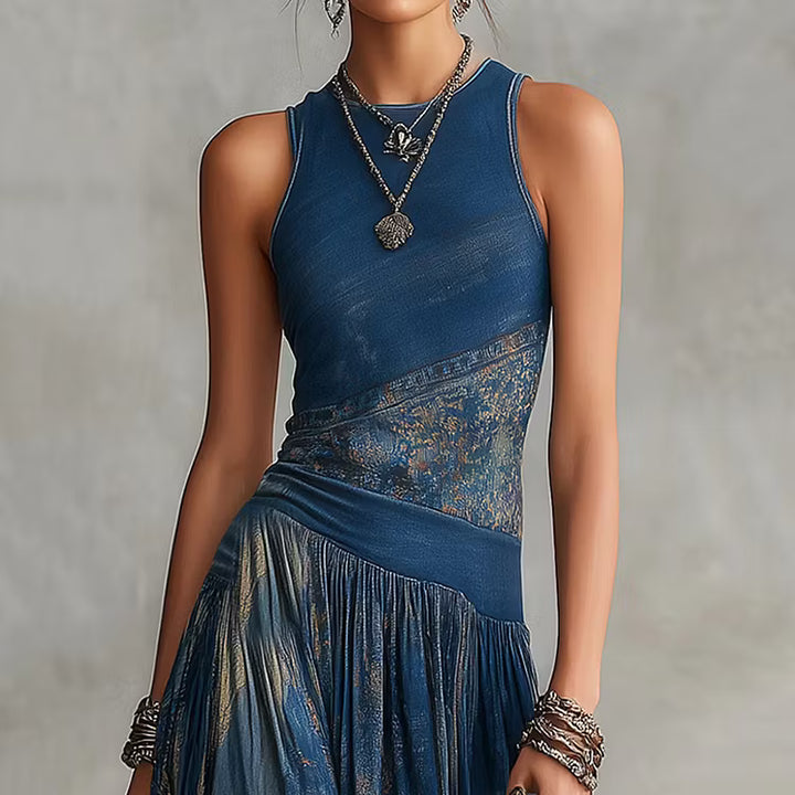 Vestido Maxi Elegante Sem Mangas, Gola Redonda, Com Estampado Retro Até Ao Chão