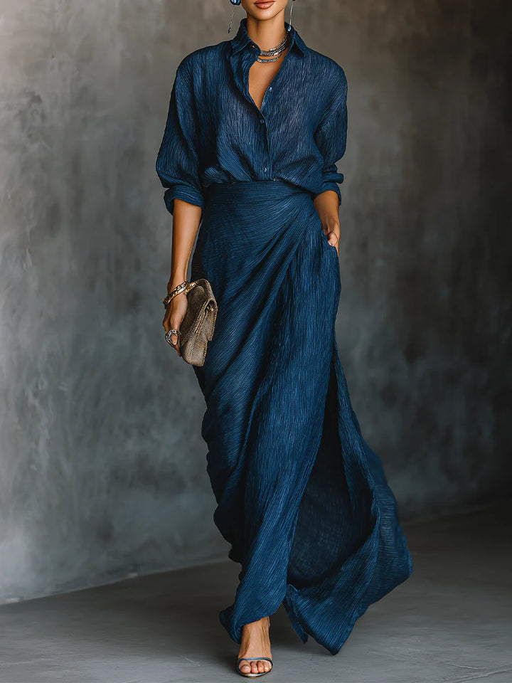 Conjunto Saia Comprida e Blusa Algodão Linho Azul-Marinho