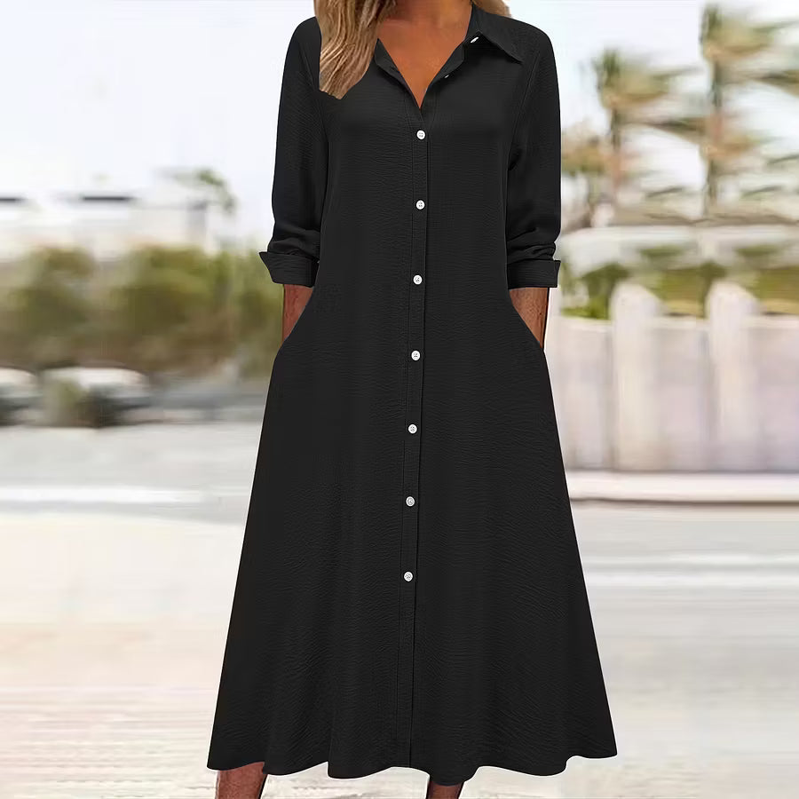 Vestido camisa femenino retro de color sólido con cuello, mangas largas y bolsillos