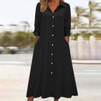 Vestido camisa femenino retro de color sólido con cuello, mangas largas y bolsillos
