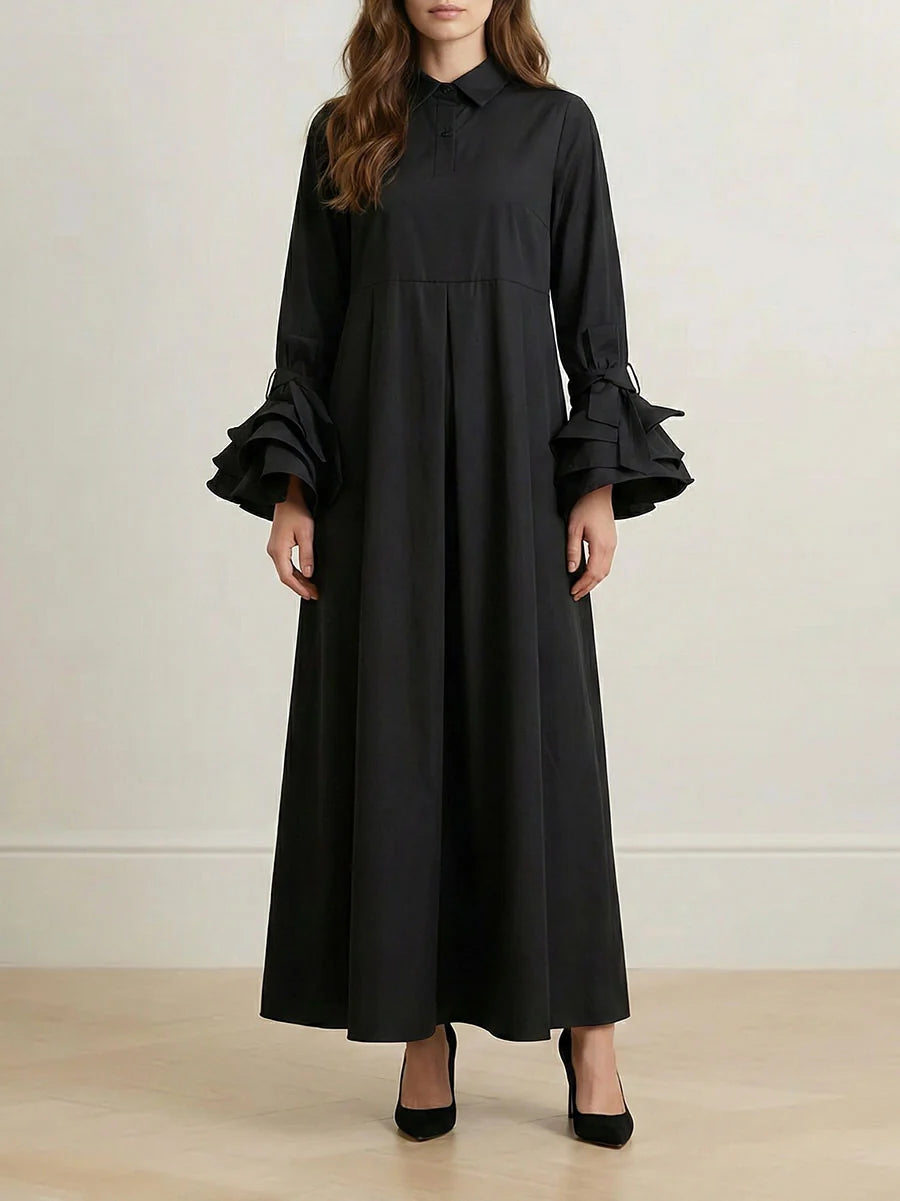 Vestido Maxi Camisero Plisado Manga Larga Con Solapa