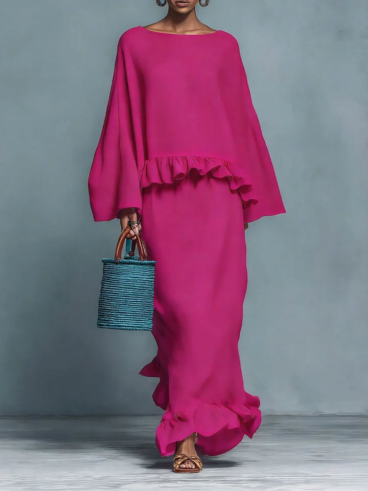 Conjunto De Dos Piezas: Blusa Plisada Con Volantes Y Manga Larga Y Falda De Cintura Alta Con Abertura Lateral