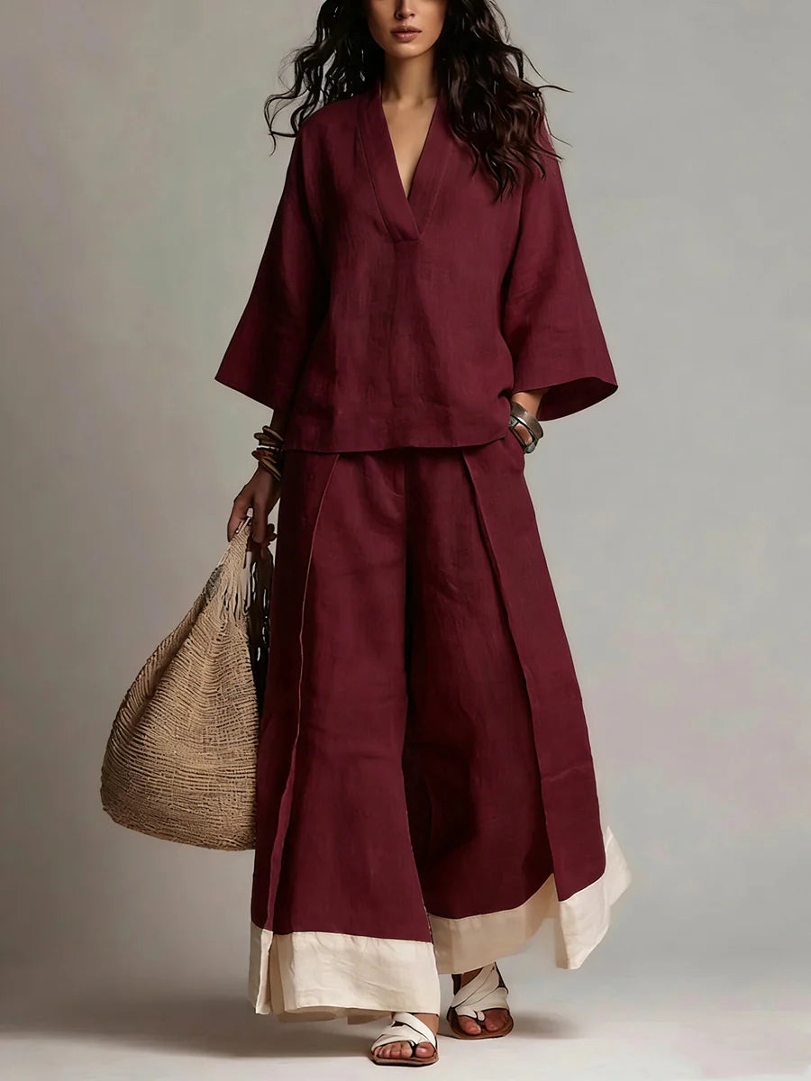 Conjunto dos piezas plus size lino escote en v bolsillos plisado color contrastante