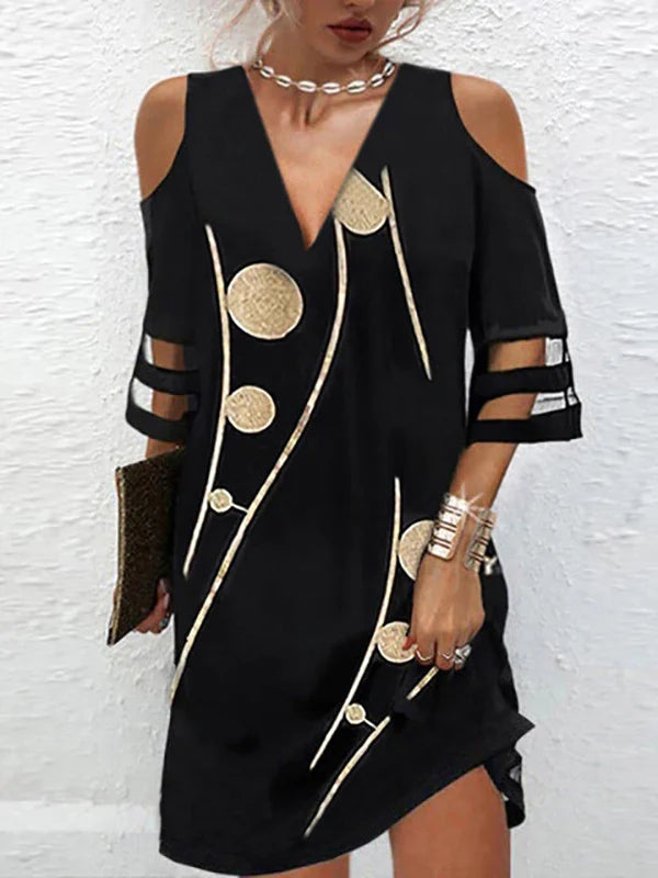 Vestido mini suelto hombros fríos media manga malla calada lunares uniones divididas