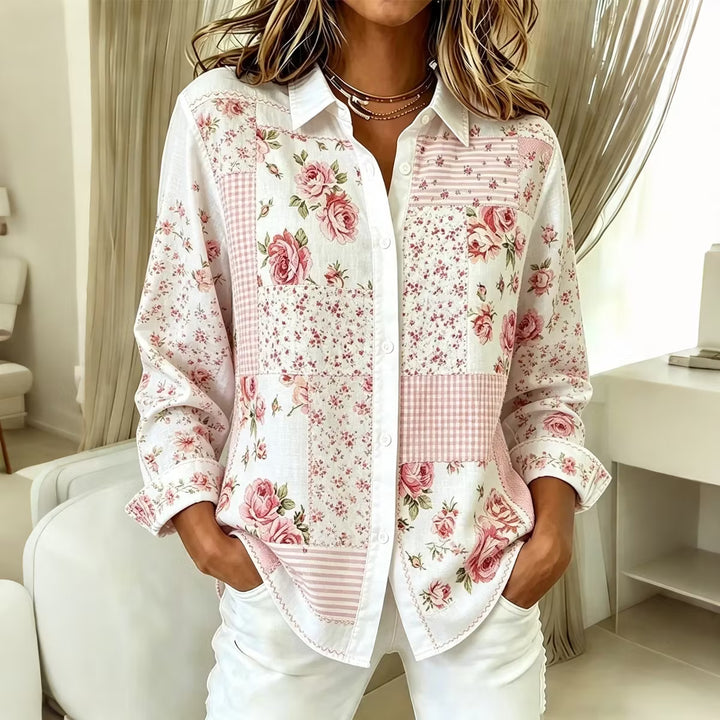 Camisa Retro Con Solapa - Estampado Patchwork Floral Art Rosa Botones Manga Larga
