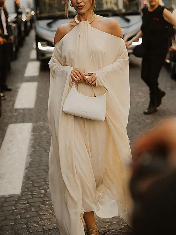 Vestido Maxi Holgado Con Cuello Halter Y Manga Larga En Color Sólido