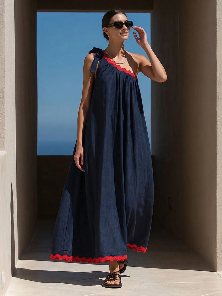 Vestido Maxi Holgado Corte En A Con Un Hombro, Plisado, Bolsillos, Lazo Y Empalme