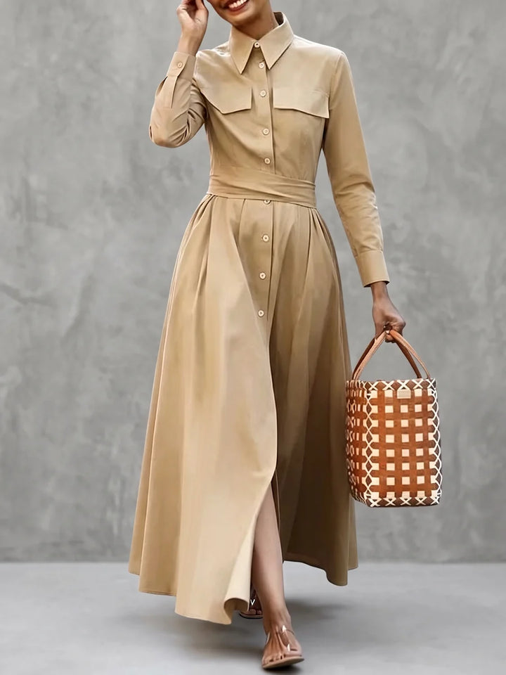 Vestido Maxi Camisero De Color Sólido Con Bolsillos, Botones, Manga Larga, Cintura Alta Y Lapela