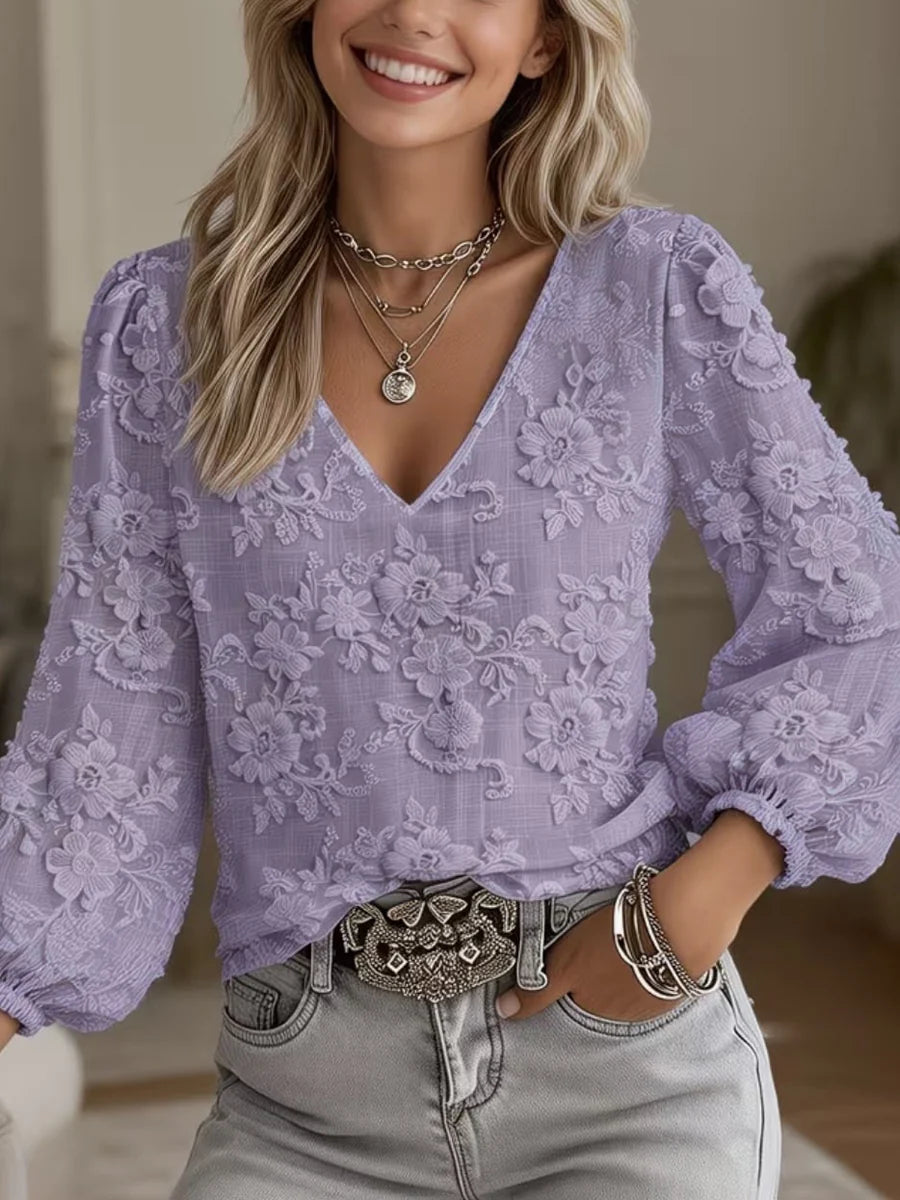 Solid Color Jacquard Long Sleeve V-Neck Blouse with Elastic