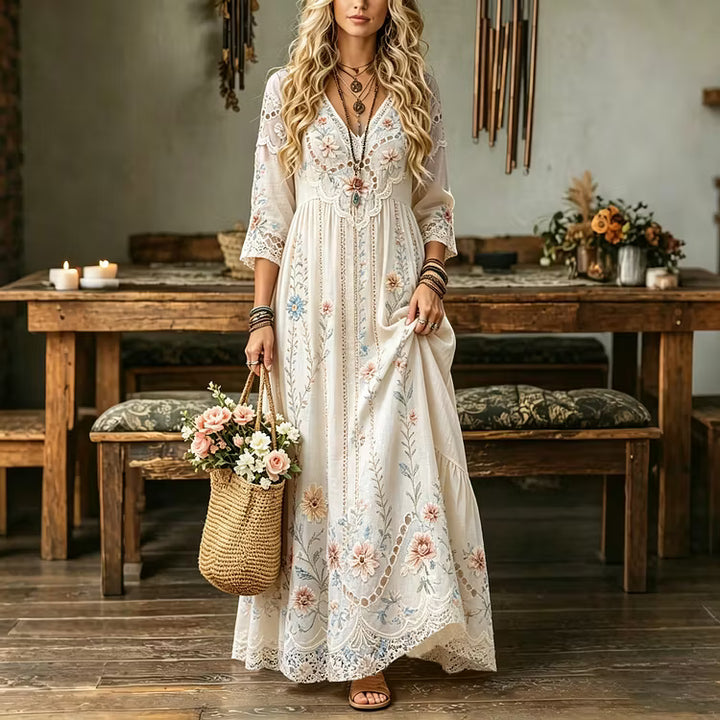 Vestido Largo Holgado Manga Larga Con Cuello En V Y Encaje Floral Impreso Vintage Hasta El Tobillo