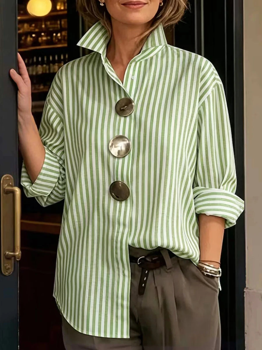 Blusa Camisa Manga Comprida Solta Gola Alta Com Botões Contrastantes
