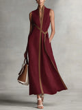 Vestido maxi suelto sin mangas cuello redondo bolsillos color contrastante