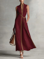 Vestido maxi suelto sin mangas cuello redondo bolsillos color contrastante