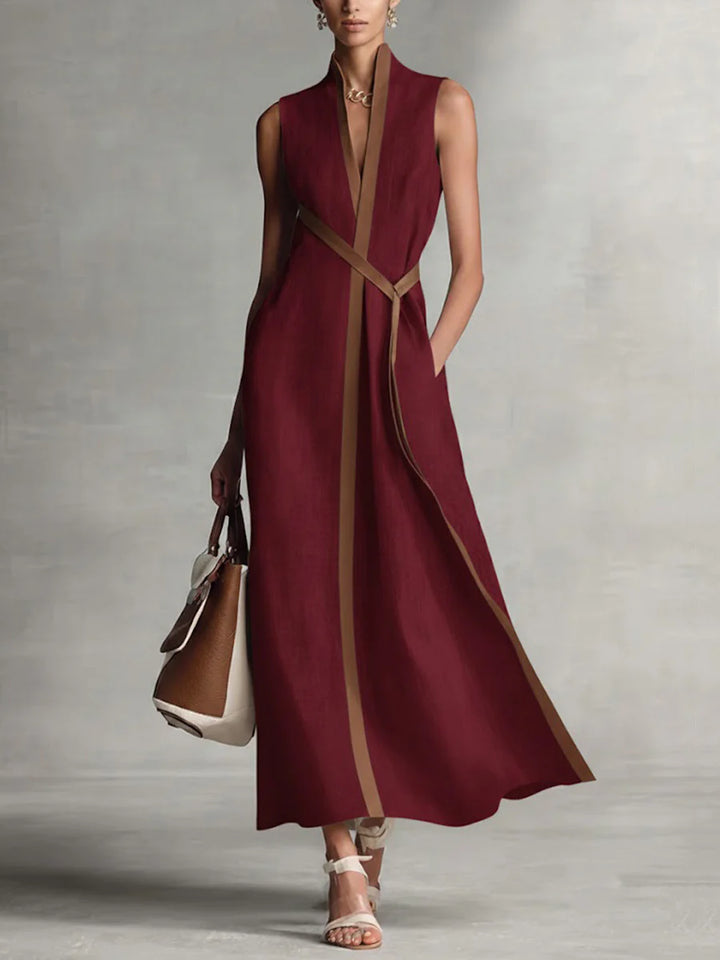 Vestido Maxi Solto Sem Mangas Gola Redonda Bolsos Cor Contrastante