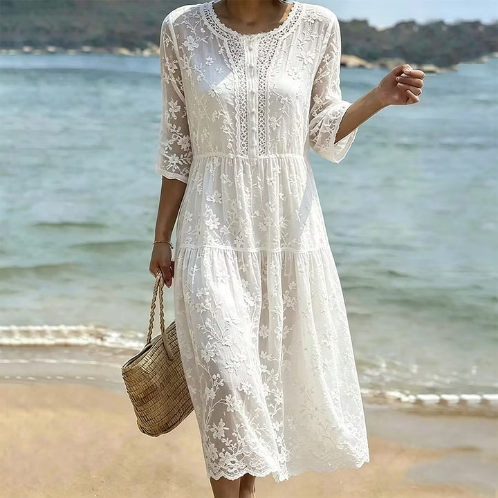 Vestido Vintage De Algodón Y Lino Con Bordado De Encaje Y Flores De Cerezo Blancas