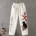 Pantalón largo casual lino estampado gato y flores