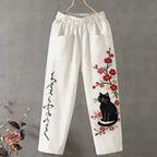 Pantalón largo casual lino estampado gato y flores