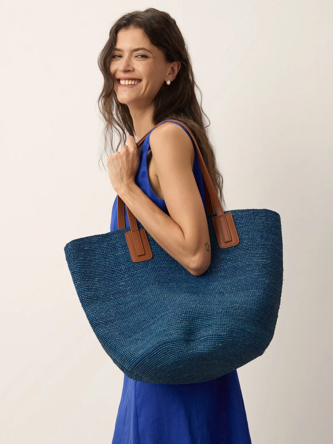 Bolso Tote De Rafia Tejido A Mano Con Asas De Cuero