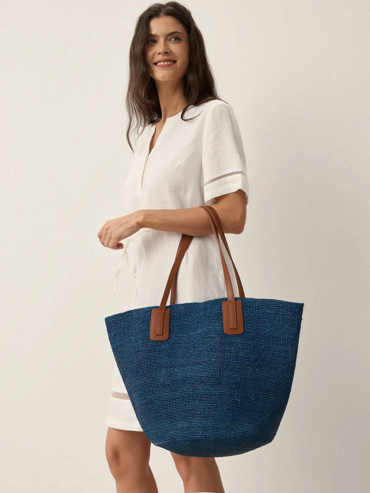 Bolso Tote De Rafia Tejido A Mano Con Asas De Cuero